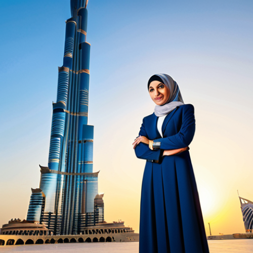 Modern Professional in Dubai**

"A confident businesswoman, fully clothed in a stylish, modest business suit and hijab, stands in front of the Burj Khalifa in Dubai at sunset. Appropriate attire, professional setting, safe for work, perfect anatomy, natural proportions, golden hour lighting, professional photography, high quality, family-friendly."

**