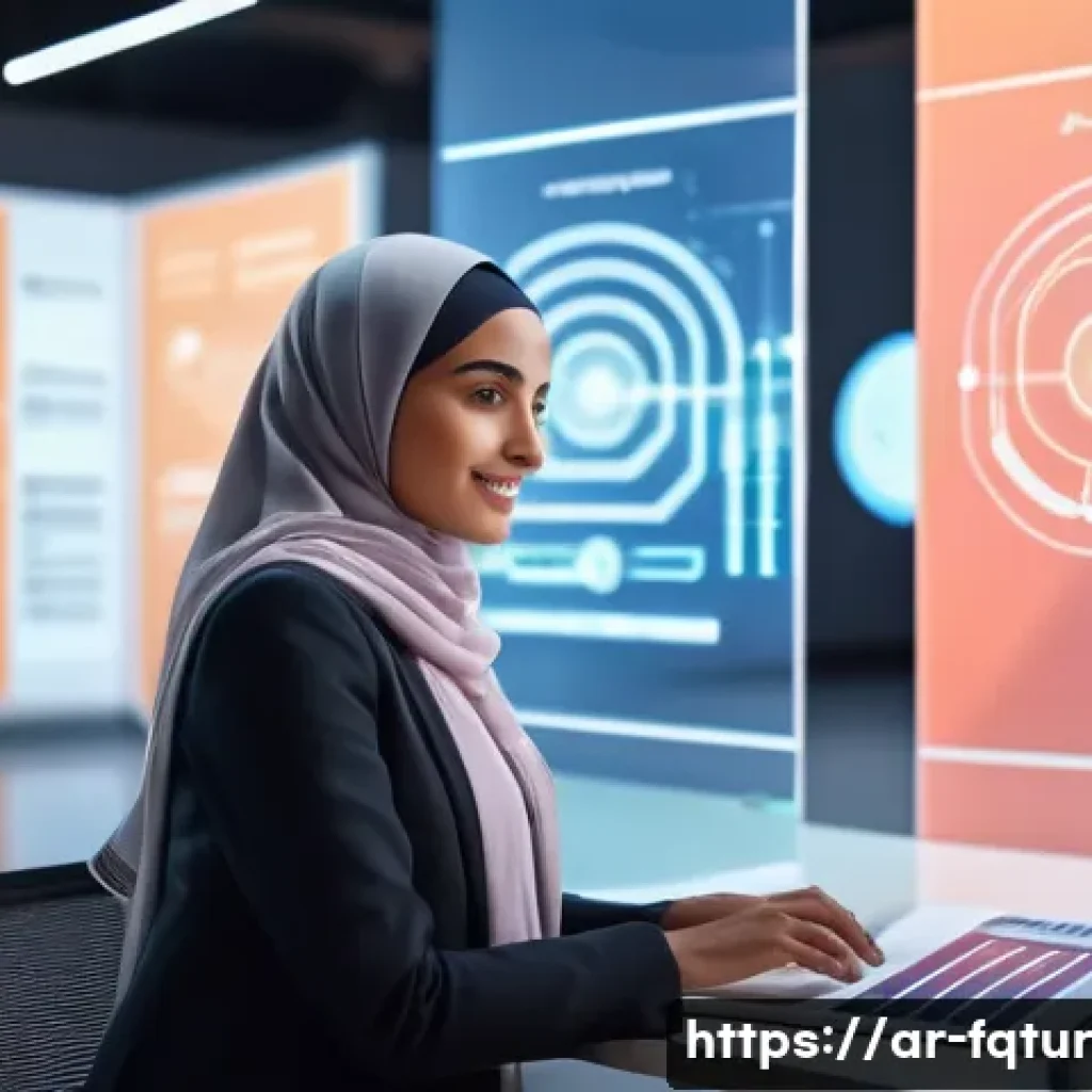 온라인 커뮤니티의 발전 방향과 웹 기술 - A modern digital workspace scene featuring an Arab professional woman interacting with an AI-powered...