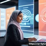 Home 22 온라인 커뮤니티의 발전 방향과 웹 기술 - A modern digital workspace scene featuring an Arab professional woman interacting with an AI-powered...