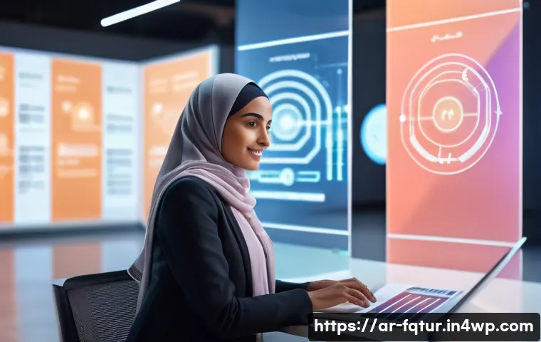 온라인 커뮤니티의 발전 방향과 웹 기술 - A modern digital workspace scene featuring an Arab professional woman interacting with an AI-powered...