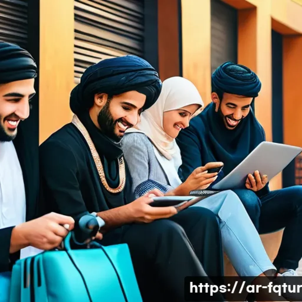 웹 기술의 사회적 영향과 미래 - A vibrant Middle Eastern urban scene showing a diverse group of Arabic-speaking young adults engagin...