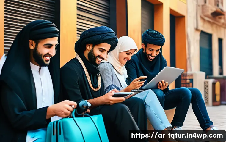 웹 기술의 사회적 영향과 미래 - A vibrant Middle Eastern urban scene showing a diverse group of Arabic-speaking young adults engagin...