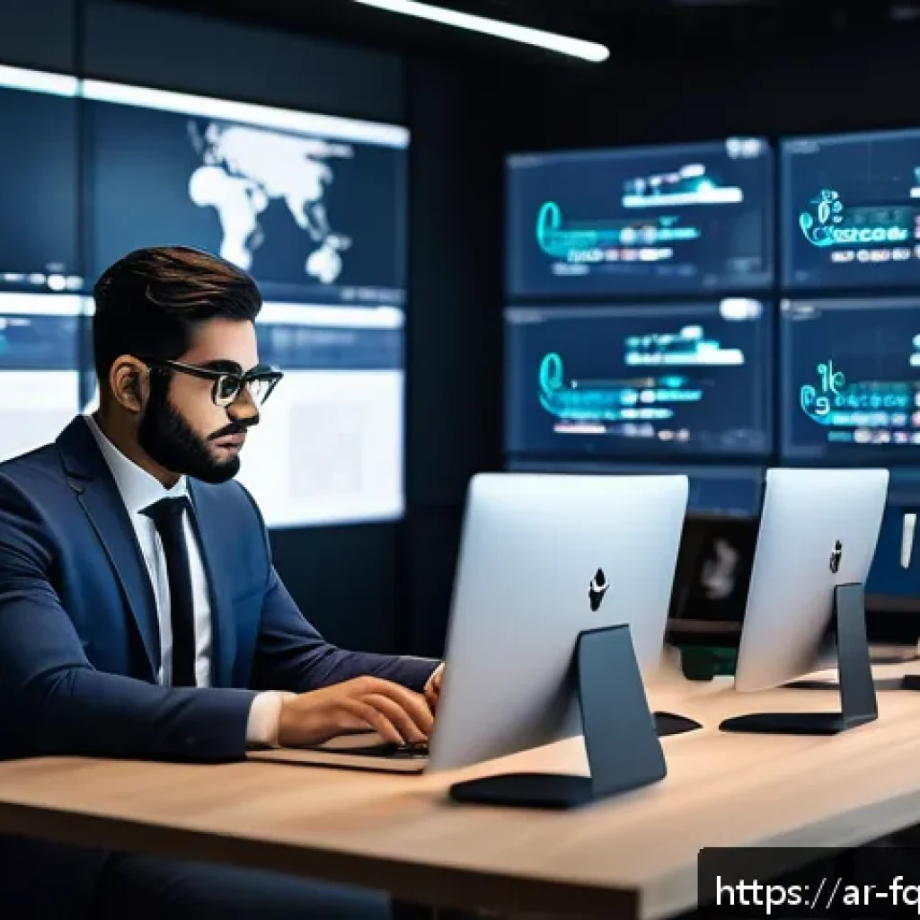 크로스 플랫폼 개발의 미래 전망 - A detailed digital workspace scene showing a Middle Eastern software developer working on a high-tec...