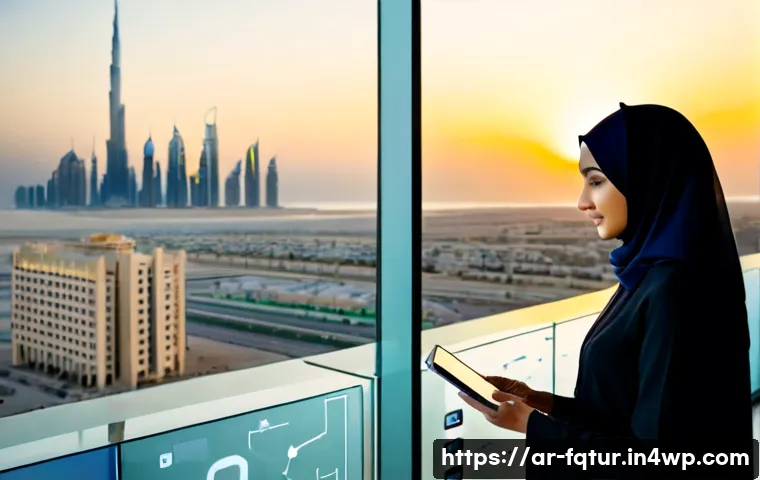 웹 기반 콘텐츠 공급망의 미래 - Photorealistic modern content supply chain control room in Dubai, an Arab businesswoman in modest pr...